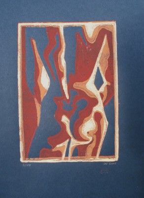 Linoldruck auf Papier mit abstrakter Darstellung Aktes in Blau, Ocker und Gelb